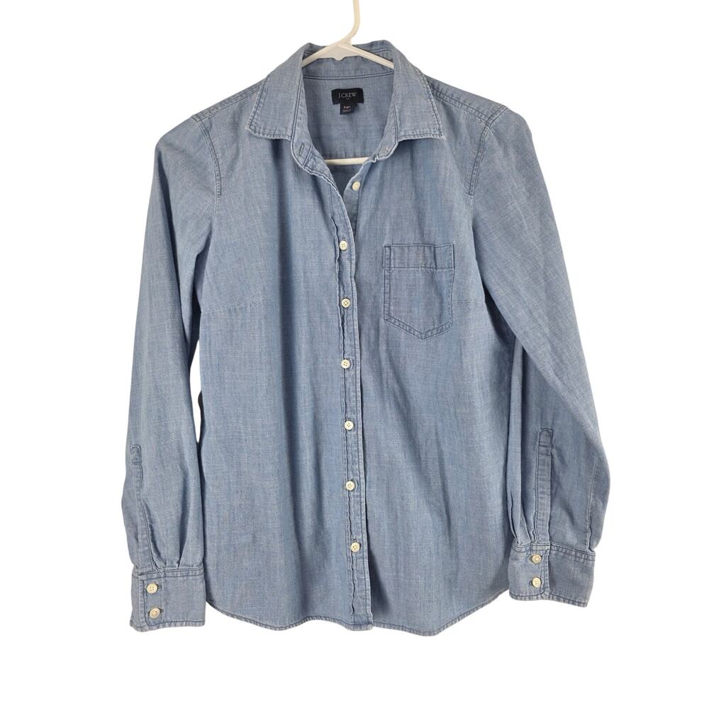 J. Crew 100% Cotton Button Front Long Sleeve Top MP Womens Blue Classic Beachy